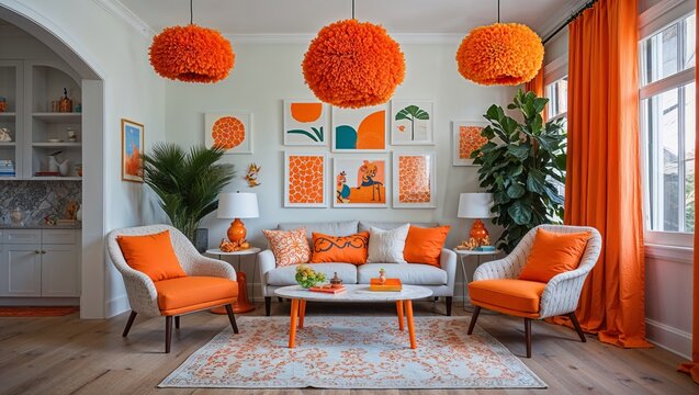 Orange accents punch boldly against soft Boucle and playful decor