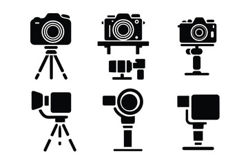 Fototapeta premium Camera and Tripod Silhouette Vector Icon Set Photography Equipment Clipart for Designers