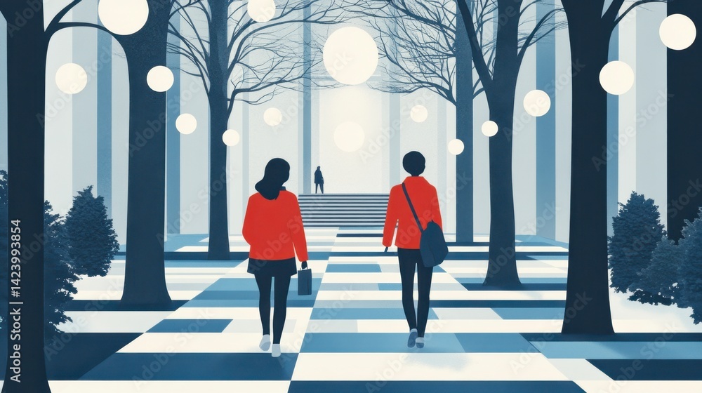 Aufkleber two figures walk away from the viewer down a pathway lined with trees and glowing orbs, in a minimal