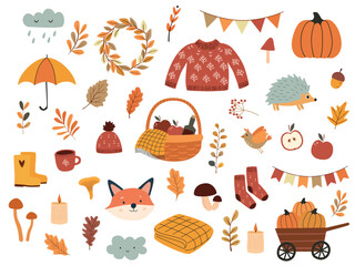 Autumn vector elements set. Cozy fall stickers. Leaves, pumpkins, fall clothes, umbrella, hedgehog, tea. The inscription hello fall. Vector illustration in the hand drawn style.