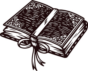 Ornate black and white of an open antique book with detailed cover and ribbon bookmark