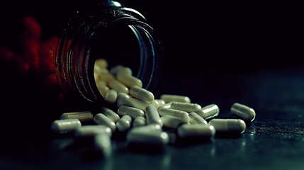 White pills spilling from a glass jar