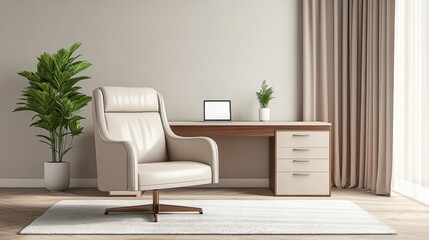 Modern home office interior with beige walls, wooden desk, cream leather chair, and potted plants. Natural light streams in from a window.