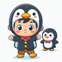 A cartoon child in a penguin costume, alongside a smaller penguin, both wearing bow ties,  exhibiting a cheerful demeanor.