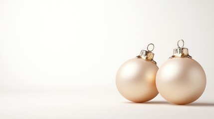 Two elegant, golden Christmas ornaments on a soft, white background.