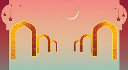 Arches and Crescent Moon with Star Ornaments in Gradient Sky