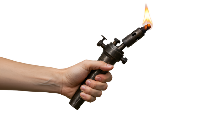 Hand holding vintage blowtorch with flame