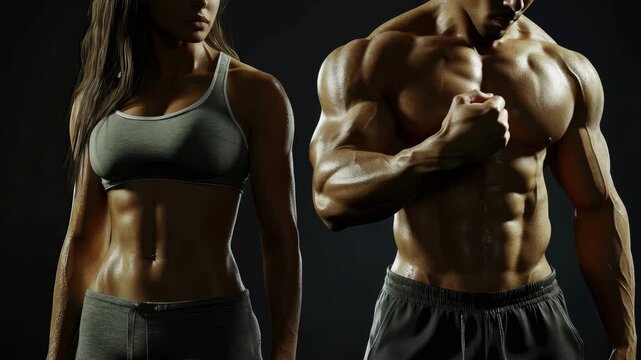 Athletic muscular woman and man torsos on a dark background. Concept for a gym or fitness training