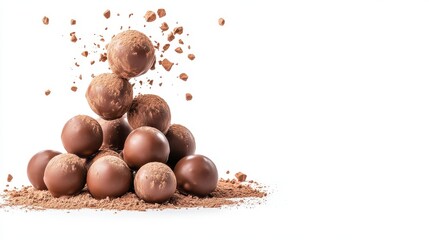 A delectable tower of chocolate truffles collapses dramatically against a pristine white background, showcasing rich cocoa powder and individual truffles in mid-air, a perfect