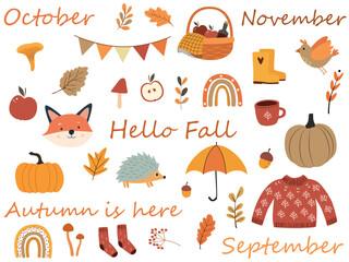 Autumn vector elements set. Cozy fall stickers. Leaves, pumpkins, fall clothes, umbrella, hedgehog, tea. The inscription hello fall. Vector illustration in the hand drawn style.