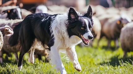 Fototapeta premium Border Collie herding sheep on a sunny farm Intense