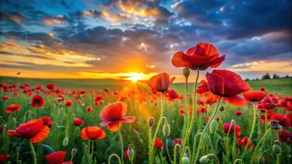 Fototapeta premium Bright red poppy flowers blooming in a lush green meadow at sunset, poppy, sunset