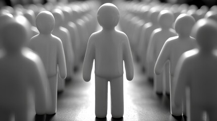 A monochromatic, top down shot with a shallow focus highlights one of many figurines facing away from the viewer, symbolizing being unique and standing out.