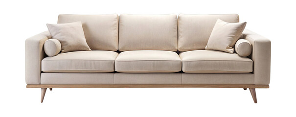 Elegant three seater sofa with neutral beige upholstery and throw pillows