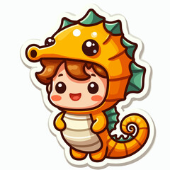 A cartoon child wearing a playful seahorse costume, showcasing a cheerful expression.