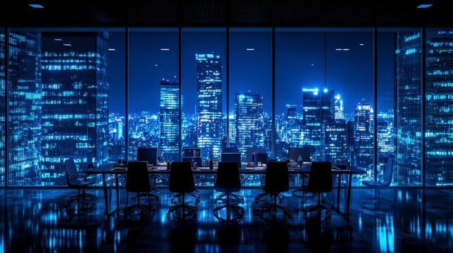 Night cityscape view from a modern office with empty chairs around a conference table.