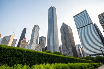 Obraz premium Chicago skyline view from park with greenery and tall modern buildings