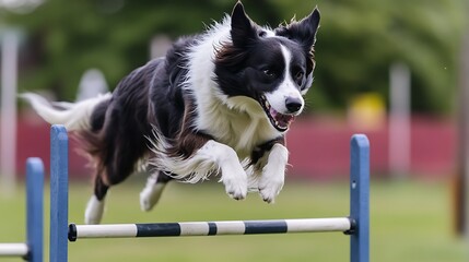 Border Collie mid action, jumping over an agility hurdle,