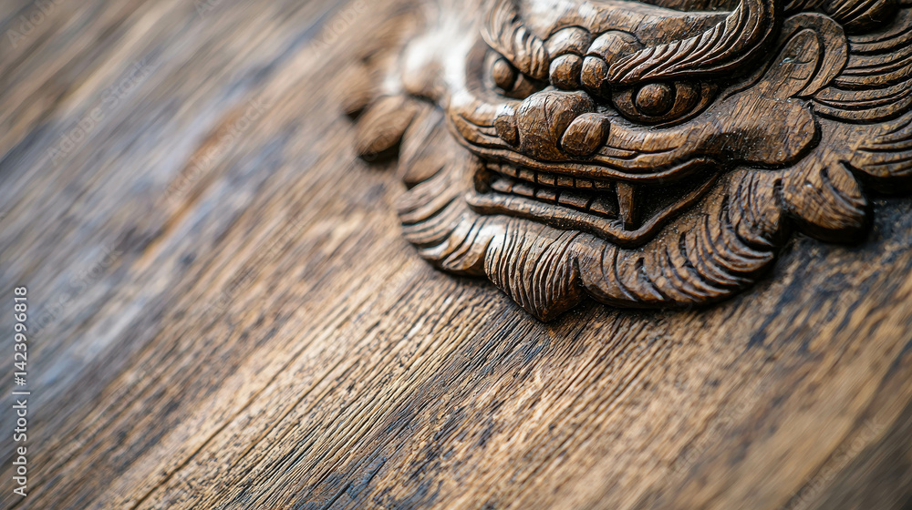 Poster detailed carved wooden lion face on rustic wood background with unique texture and patterns