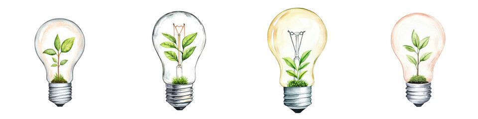 Lightbulbs with Green Plants Symbolizing Growth and Sustainability
