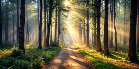 Fototapeta premium Sunbeams filter through a misty forest landscape, illuminating a narrow path between towering dark trees and highlighting the textures of their trunks , atmospheric, mist