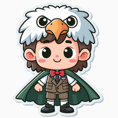 Obraz premium A cartoon boy wearing an eagle headpiece, a cape, and formal attire.