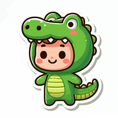 A cheerful cartoon child dressed in a vibrant green crocodile costume.