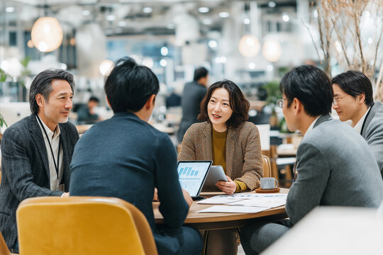A group of Japanese business people meeting and discussing in an office.