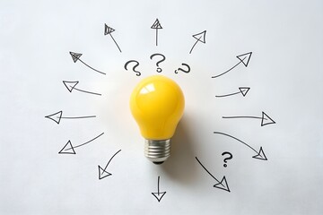 Yellow lightbulb symbolizing idea generation with arrows and question marks around it