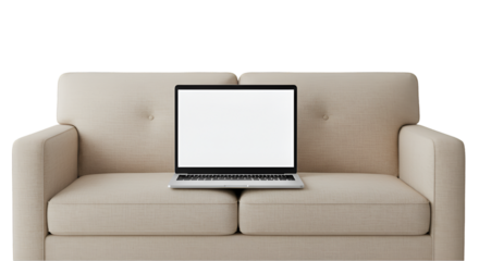 Laptop on beige sofa mockup