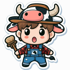 A small, surprised boy character, dressed in farm attire with a cow hat,  holding a brush,  designed in cartoon style.