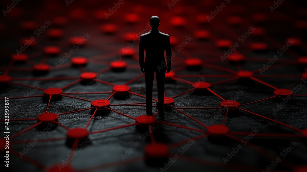 Poster silhouette of a man standing on a network of red nodes against a dark background. low key lighting, 