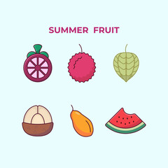 Mangosteen, rambutan, ground cherries, salak, papaya, watermelon fruit icons, fresh tropical design