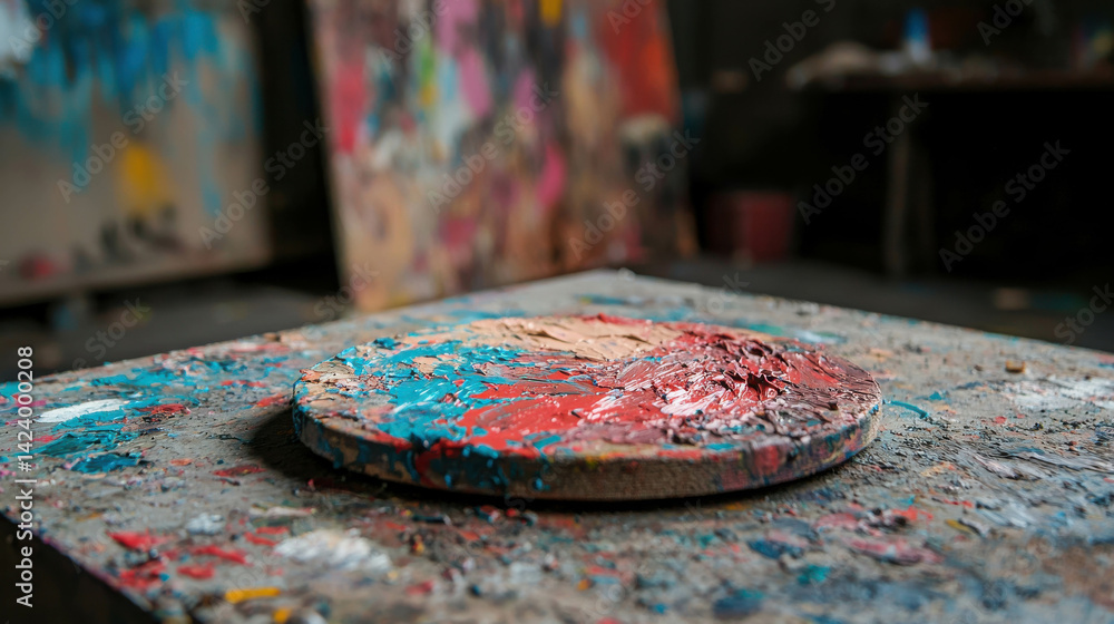 Aufkleber vibrant palette of paints on a table in artistic studio setting with colorful background