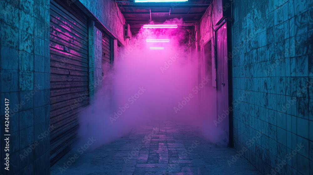 Poster mysterious corridor with neon lights and colorful fog creating an eerie atmosphere