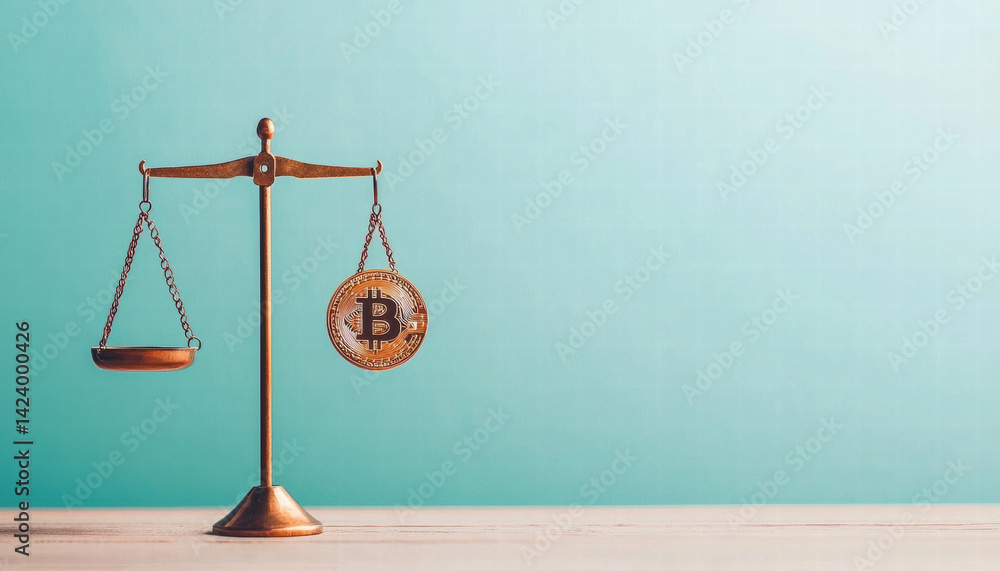 Poster bitcoin coin balanced on digital scale, symbolizing value comparison and finance