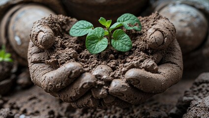 Rustic clay rough textures and tiny green beginnings