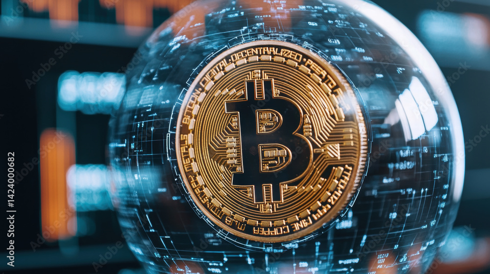 Aufkleber bitcoin coin inside holographic sphere with digital data visualization, representing technology