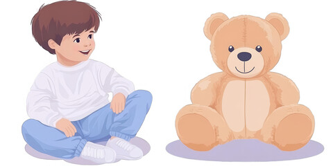 Illustration of a Boy with a Teddy Bear on a Transparent Background