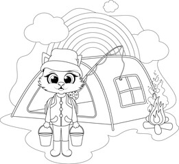 Printable Camping Cat Coloring Page. Rainbow & Tent Scene