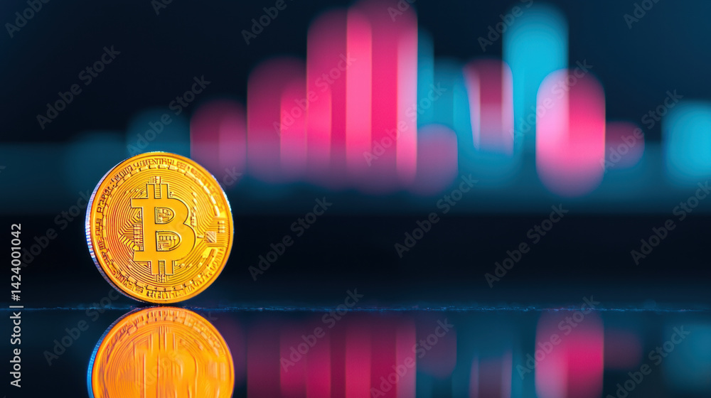 Poster close up shot of golden cryptocurrency coin reflecting surface with colorful graphs background