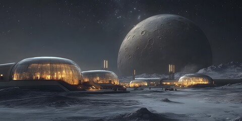 Futuristic moon base complex includes illuminated glass biodomes and sleek towers on a cratered surface, with a large celestial body dominating the starry sky.  