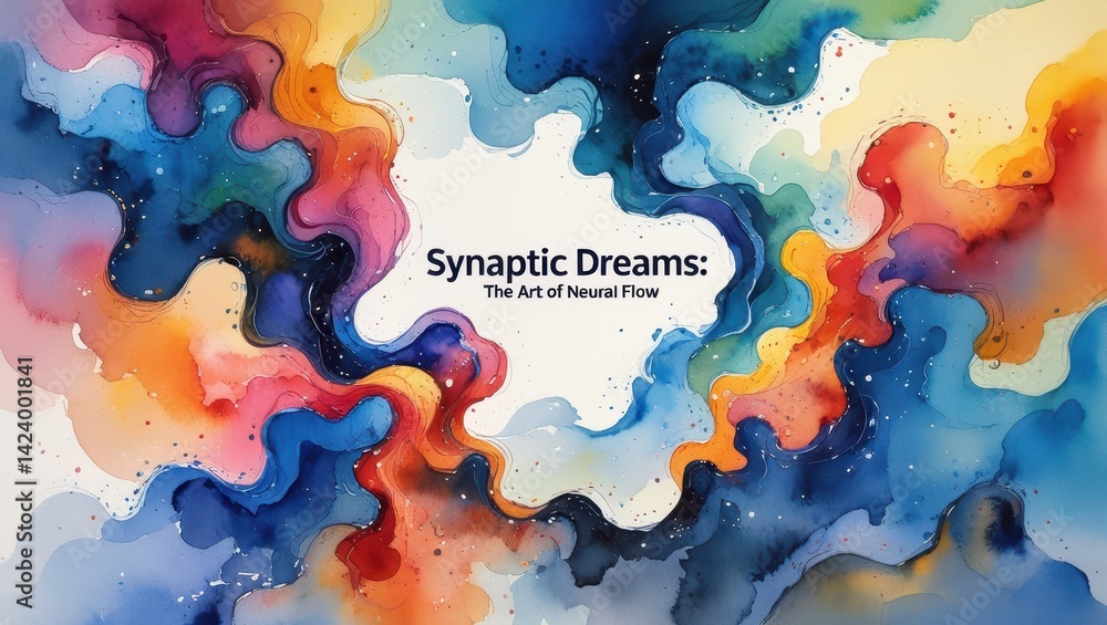 Poster abstract watercolor artwork with vibrant flowing patterns and text 