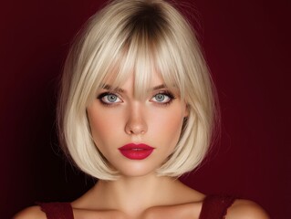Beautiful model girl with short straight hair blonde Bob hairstyle. Fashion, cosmetics and makeup for Product advertising concepts