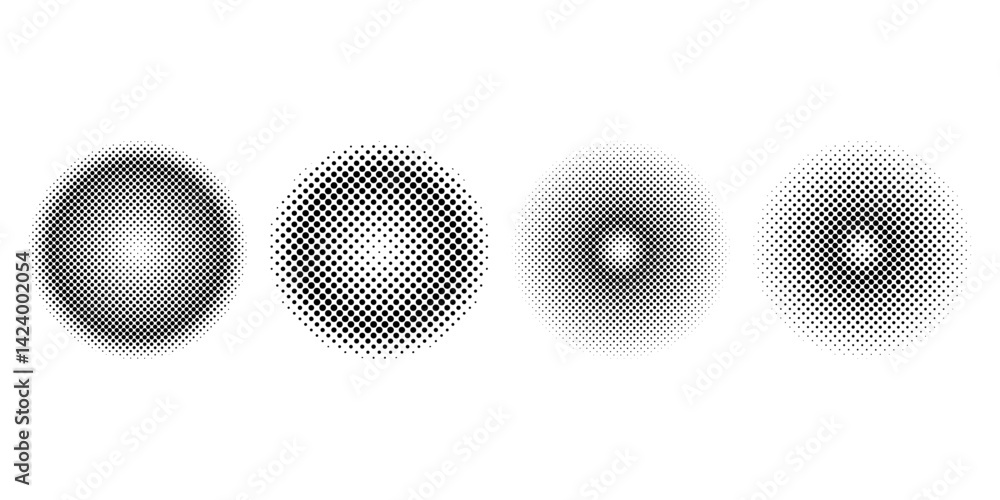 Poster set of circular halftone gradients with black dot patterns in different densities and transitions, i