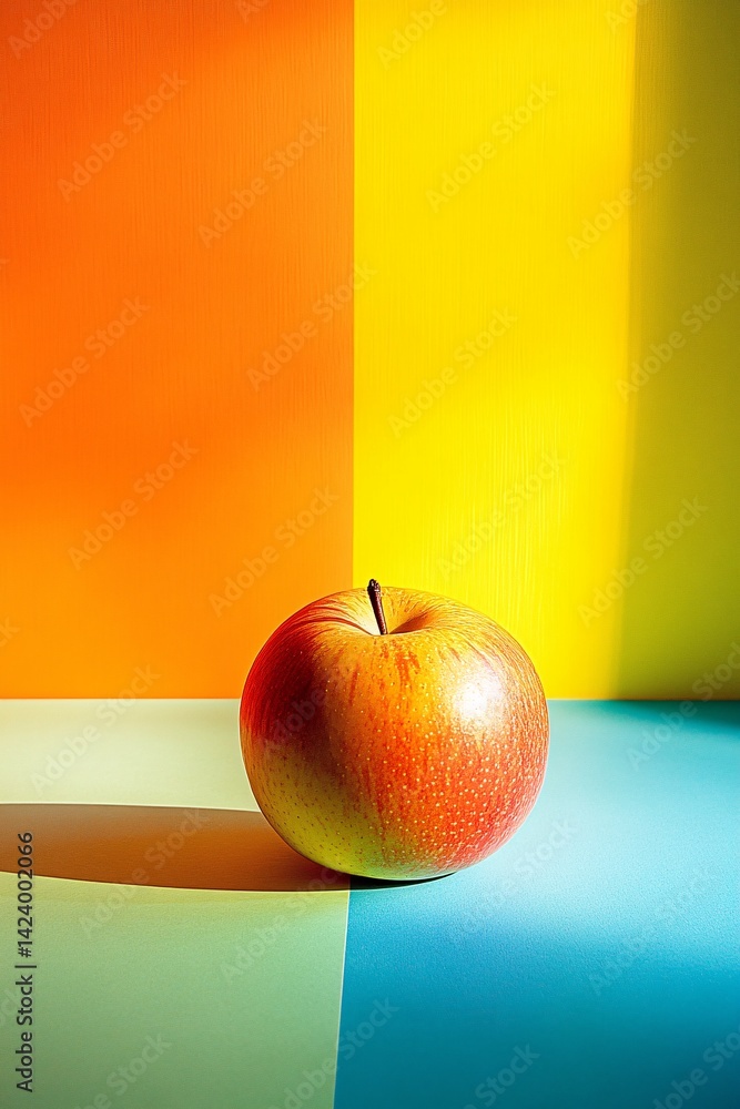 Poster Red apple is casting a shadow on a colorful background with strong lights