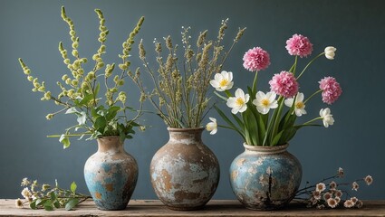 Rustic vases cradle wild spring and morning hums in reply