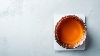 A beautifully brewed cup of tea rests in a glass bowl on a smooth surface, showcasing the richness of the beverage in a minimalist aesthetic that invites relaxation.