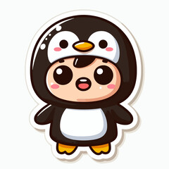 Fototapeta premium A stylized cartoon boy in a penguin costume, displaying a joyful expression.