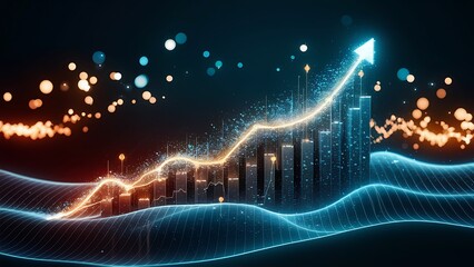 Abstract graphic displays upward trend. Data visualization charts progress. Business growth illustrated. Modern design. Dynamic composition. Blue background. Suitable for presentation slides